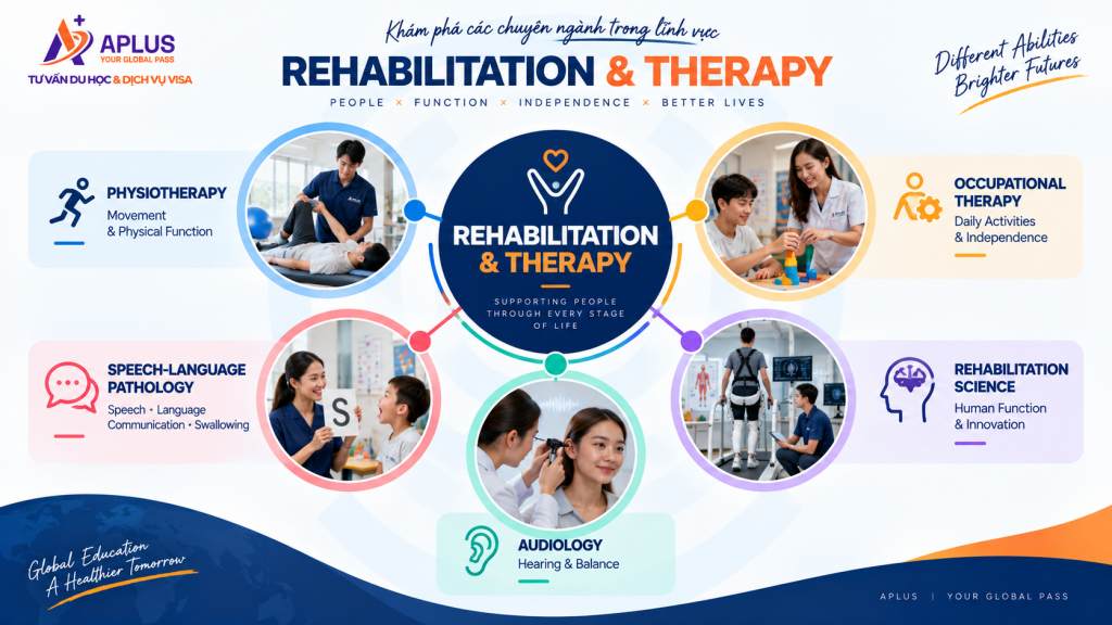 Các chuyên ngành Rehabilitation Therapy gồm Physiotherapy Occupational Therapy Speech Therapy và Audiology
