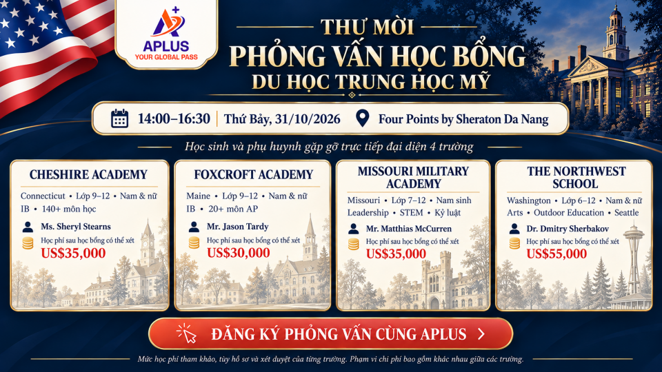 Thư mời phỏng vấn học bổng du học Mỹ trung học ngày 31/10/2026 tại Four Points by Sheraton Da Nang